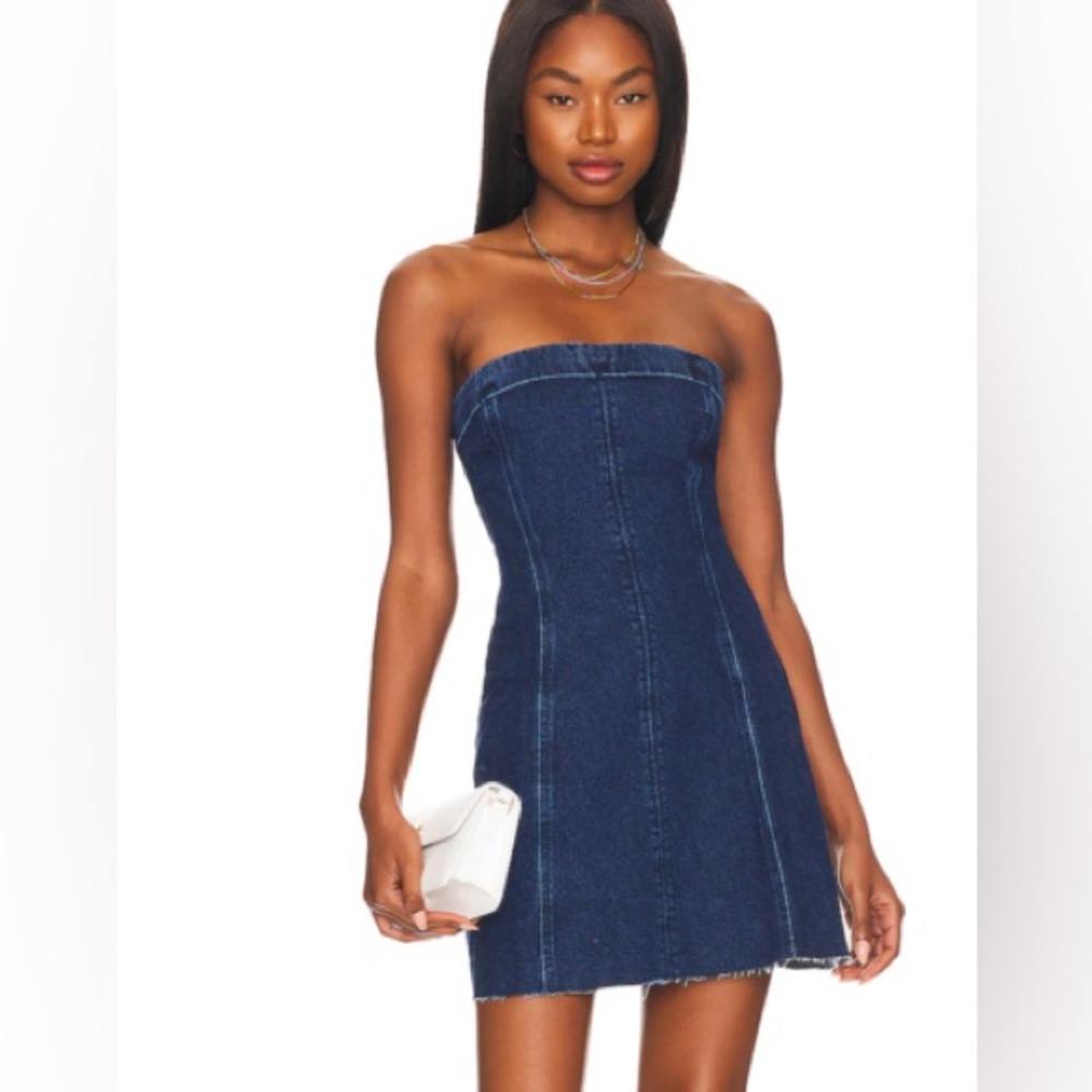 We Wore What Strapless Stretch Twill Denim Dress